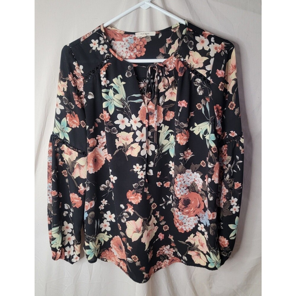 Anthropologie Pleione Womens Small Black Floral Sheer Boho Tie Neck Blouse
